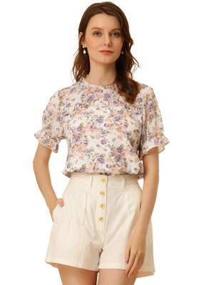 INSPIRE CHIC Women's Chiffon Short Sleeve Ruffled Trim Floral Blouse