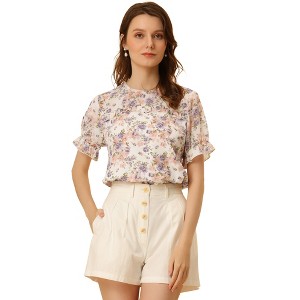 INSPIRE CHIC Women's Chiffon Short Sleeve Ruffled Trim Floral Blouse - 1 of 4