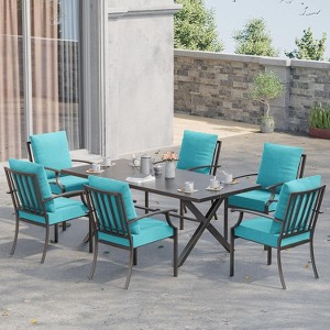 ALAULM Patio Dining Set Outdoor Furniture, Metal Furniture Set Fixed Chairs and Large Table with Umbrella Cutout,for Garden,Porch, Deck, Backyard - 1 of 4