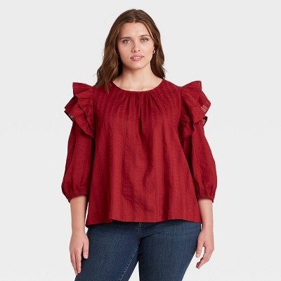 red ruffle blouse plus size