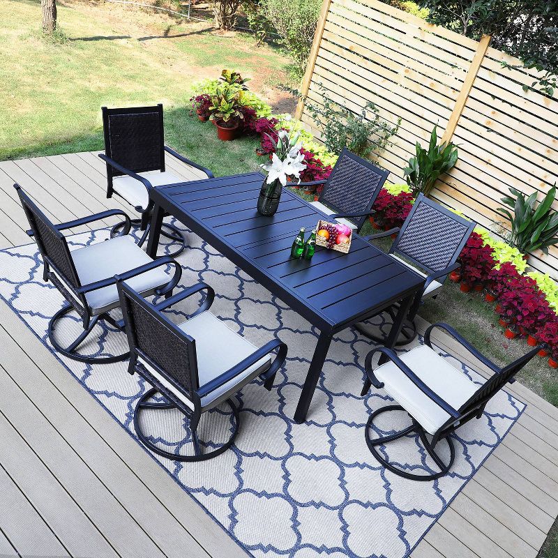 7pc Patio Dining Set with 360 Swivel Chairs with Cushions and Rectangle Concertina Steel Table - Captiva Designs, 1 of 19