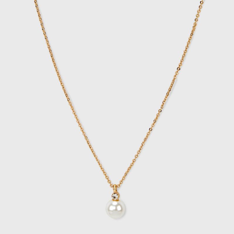 Glass Pearl Pendant with Cubic Zirconia Chain Necklace - A New Day™ Gold: Singapore Style, Lobster Claw Clasp, Steel & Brass