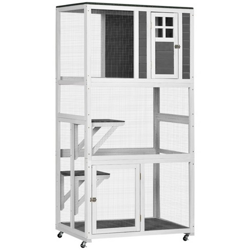 Pawhut 74 Wooden Outdoor Cat House Weatherproof Wheeled Catio Outdoor Cat Enclosure With High Weight Capacity Cat Cage Condo Gray Target