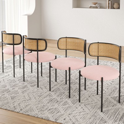 PexFix 4Pcs Modern Upholstered Dining Chairs Rattan Back Dining Room Chairs Accent Kitchen Chairs with Metal Legs Pink