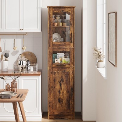 Narrow Bathroom Storage Cabinet, 67" H Tall Slim Cabinet with Glass Doors and Adjustable Shelf, Freestanding Slim Cupboard