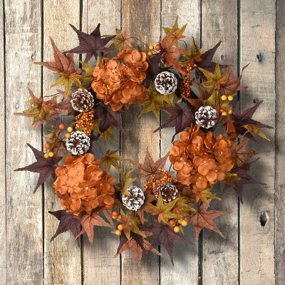 24" Orange and Brown Artificial Autumn Wreath with Pinecones and Hydrangeas