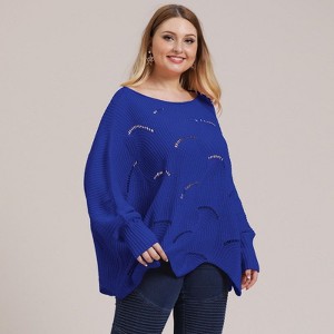 Coolmee Women's Plus Size Sweater Fall Batwing Long Sleeve Crochet Hollow Out Pullover Knit Sweaters Jumper Tops - 1 of 4