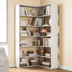 71" L-Shaped Corner Bookcase - 6-Tier Industrial Wooden Bookshelf with Baffles, Tall Display Shelf for Living Room & Home Office - 1 of 4