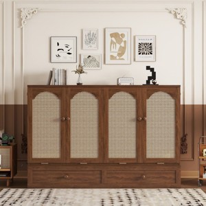 Queen Size Pine Wood Murphy Bed with Rattan Panel and Built-In Charging Ports,Cabinet Bed for Small Spaces-The Pop Home - 1 of 4