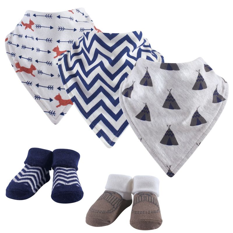 Hudson Baby Infant Boy Cotton Bib and Sock Set 5pk, Fox, One Size, 1 of 3
