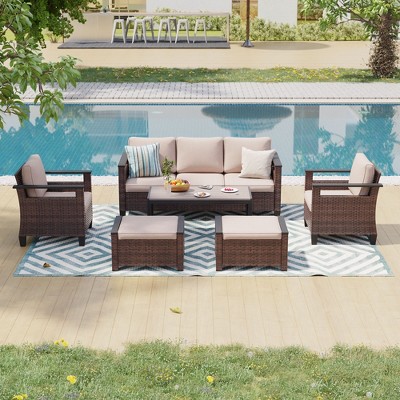 Sonkuki 6 Pieces Patio Sofa & Ottomans & Chair & Coffee Table Set, Conversation Couch with Sand Cushion