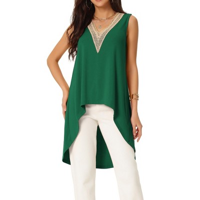 Seta T Women's Sleeveless V Neck Irregular Hem Flowy Ruched Eyelet Trims Tops