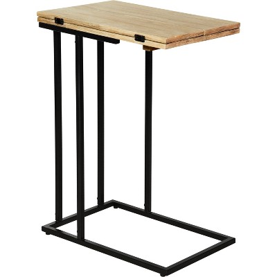 Expandable Natural Wood and Black Metal C-Shaped Side Table