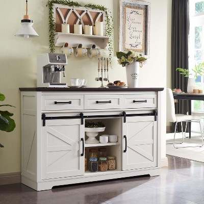 Farmhouse Coffee Bar Cabinet 53" Sliding Barn Door Sideboard with 3 Drawers &Adjustable Shelves for Dining Room,Kitchen & Living Space,White