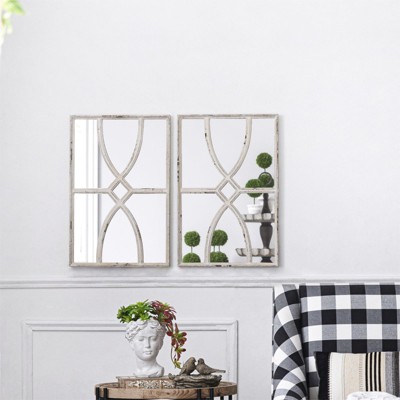 Cerys Rectangular Wooden Wall Mirror,2 Piece Mirror Wall Decor Set with Antique Frame,Vertical or Horizontal Home Decor for Living Room-The Pop Home