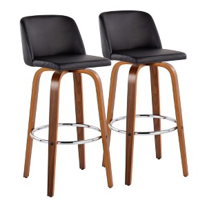 30" Mid-Century Modern Barstools Set of 2 with Swivel, Tufted Seat, and Wood Legs with Round Metal Footrest - 1 of 4