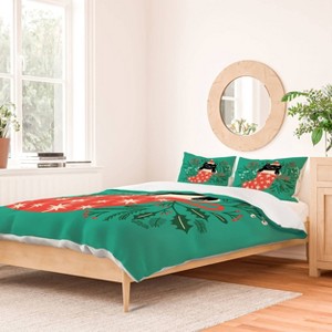 Deny Designs Full/Queen Carriecantwell Festive Feline Duvet Cover and Pillow Sham Green - 1 of 4