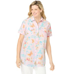 Woman Within Plus Size Short-Sleeve Cotton Campshirt - 1 of 4
