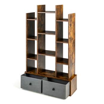Tangkula Tree Shaped Bookcase with 2 Drawers Free Standing Bookshelf with 12 Open Storage Shelves Tall Display Rack with Bookshelves Brown/White