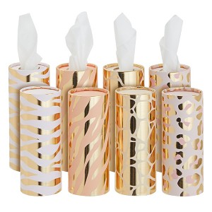 Zodaca 8 Pack Decorative 50 Count Cylinder Tissue Boxes for Car Cup Holder, Travel Carry Bag, 4 Designs (6.5 In) - 1 of 4