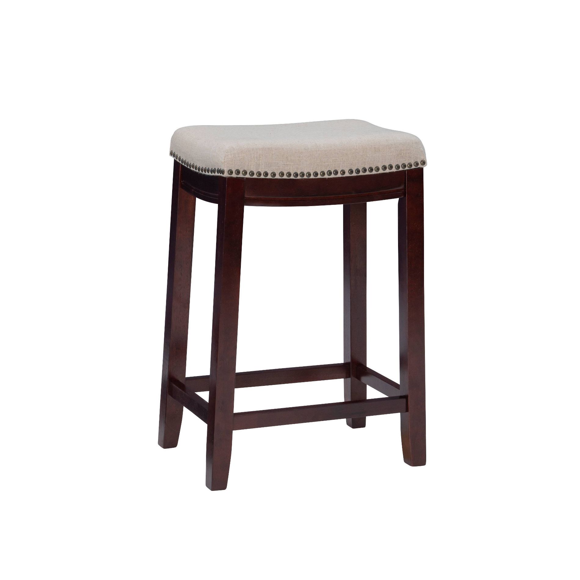 Claridge Backless Nailhead Saddle Counter Height Barstool Linen - Linon: Chic Beige, Rubberwood Frame
