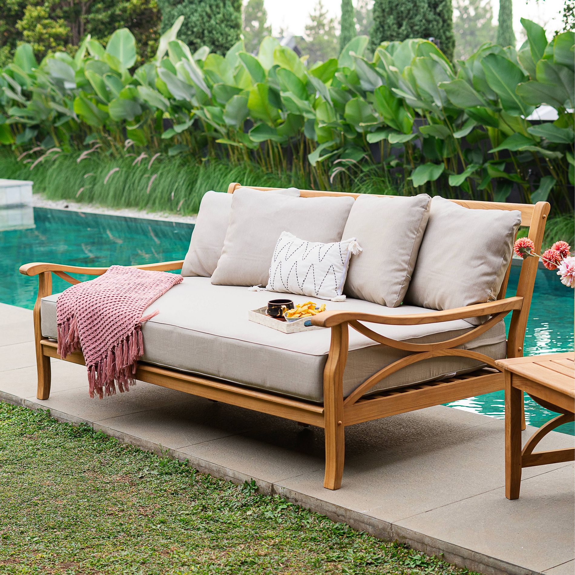 Sonoma Lane Alamo Teak Daybed with Beige Zippered Cushions - Weather-Resistant, 750 lb Capacity