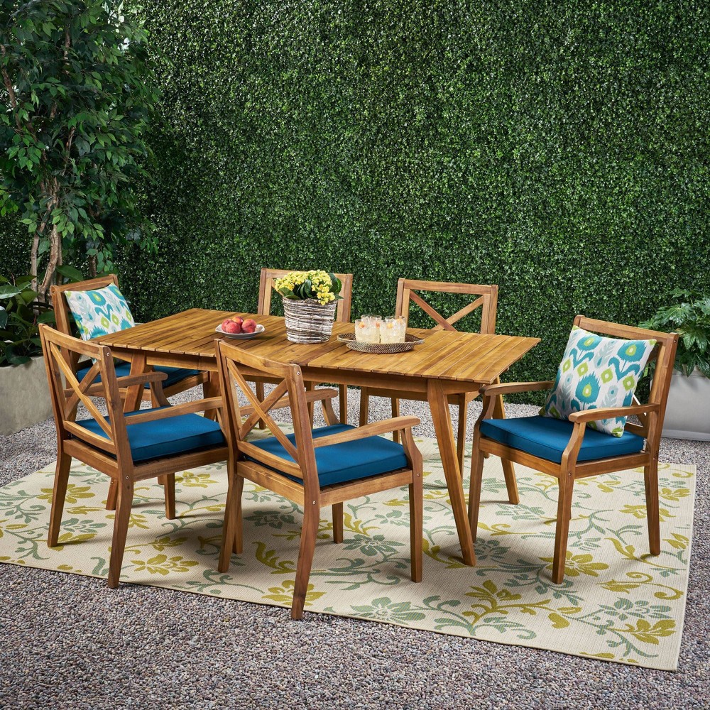 Mesa 7pc Acacia Wood Dining Set – Teak/Blue – Christopher Knight Home For Sale