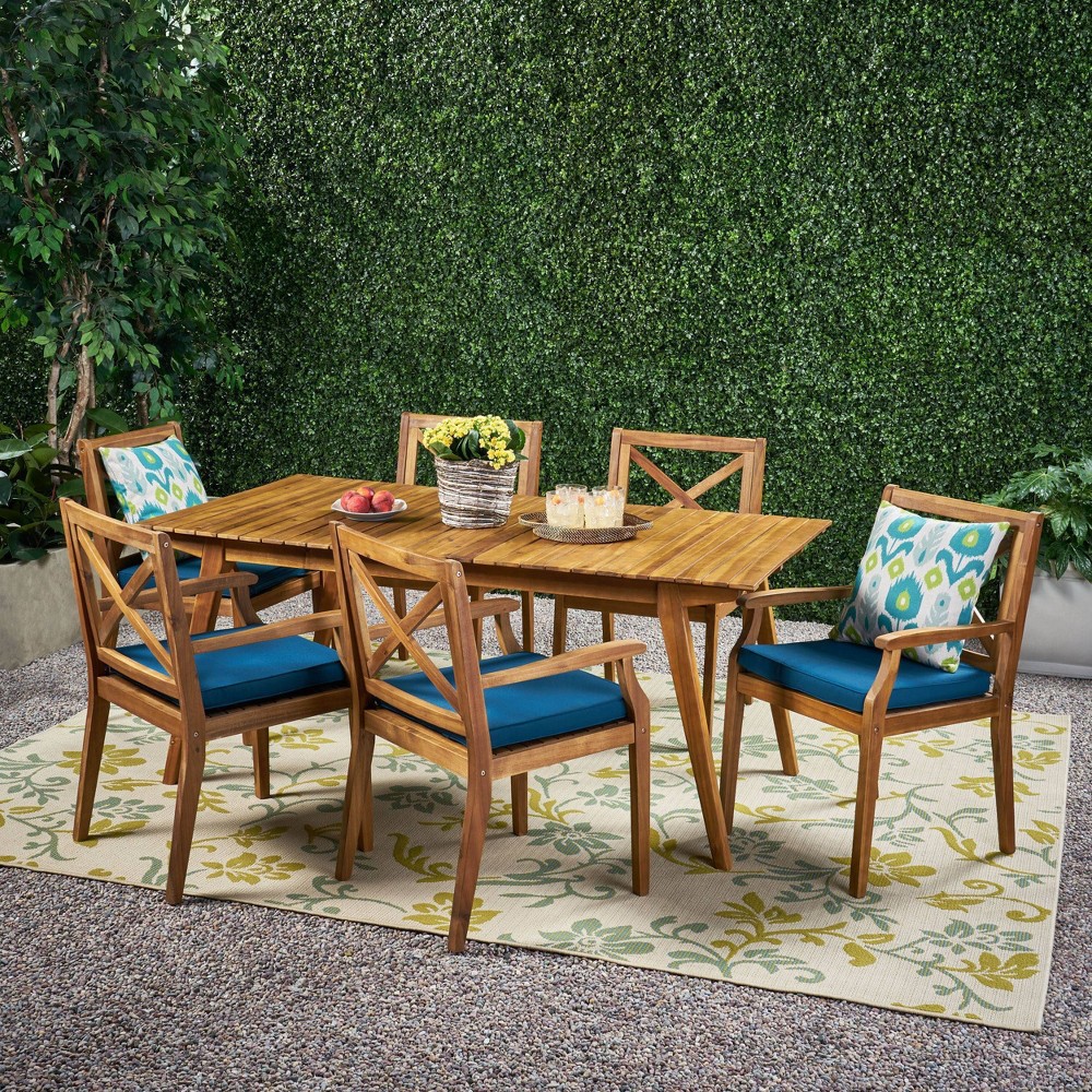 Photos - Dining Table Mesa 7pc Acacia Wood Dining Set - Teak/Blue - Christopher Knight Home: Outdoor Patio Furniture with Cushions, Weather-Resist