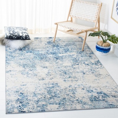 Ivory and Navy Square Synthetic Stain-Resistant Area Rug