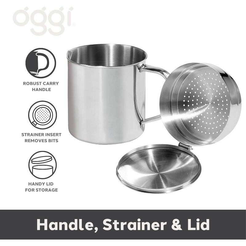OGGI Stainless Steel Grease Container with Handle, Removable Strainer and Flip Top Lid, 5 of 8