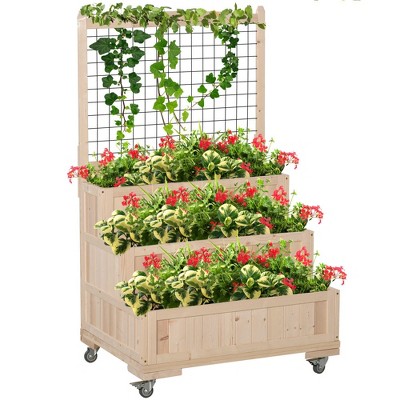 Chic Crate - 3-Tier Vertical Garden Bed with Trellis & Wheels - 53" Tall Raised Planter with Storage Shelf for Herbs/Flowers/Veggies - Cedar Wood