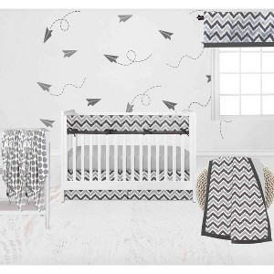 Bacati - Ikat Chevron White Grey Neutral 10 pc Crib Set with Long Rail Guard Cover & 4 Muslin Swaddling Blankets - 1 of 4