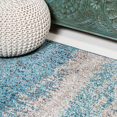 Cream and Turquoise Abstract Synthetic Area Rug