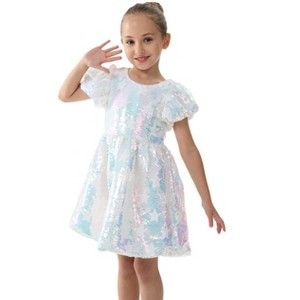 2Bunnies Girls' Iridescent Star Sequin Puff Sleeve Dress - 1 of 4