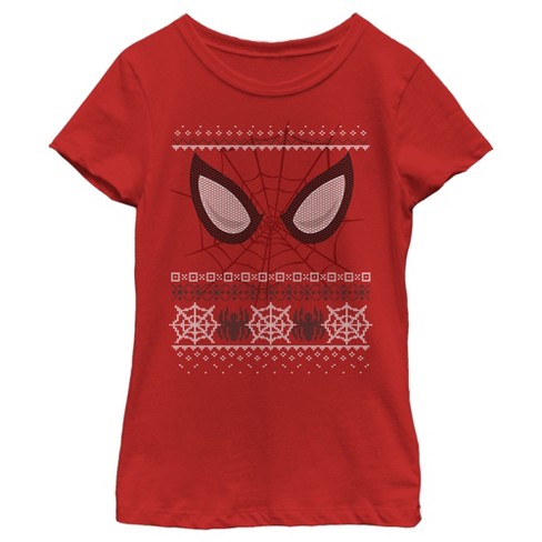 Girl's Marvel Ugly Christmas Spider-man Mask T-shirt - Red - Large : Target