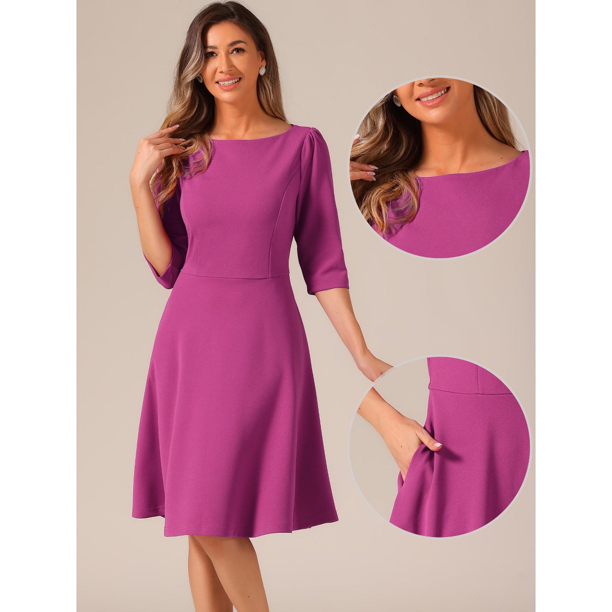 Женские платья INSPIRE CHIC Women's Boat Neck Half Sleeves Midi Flared Office Dresses Purple Small — фото 2
