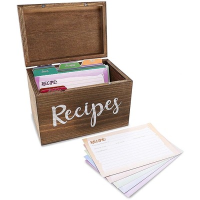Juvale Wood Recipe Organization Box with 60 Recipe Cards & 24 Dividers, 7.1 x 5 x 4.7 inches