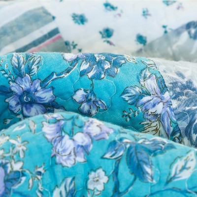 Acoinel Blue Floral Patchwork Quilt Set - 3-Piece Reversible Bedspread with Pillow Shams, Coastal Boho Bedding for Queen Beds (92"x96") — фото 2