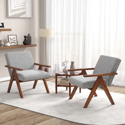 Gray Linen Upholstered Barrel Accent Chair Set with Wood Frame