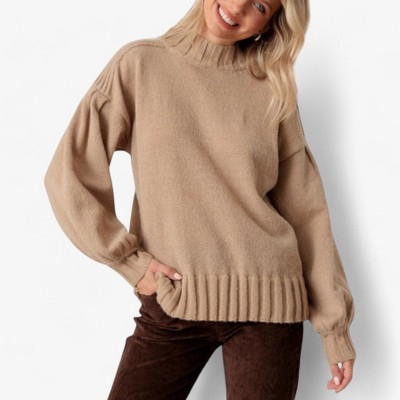 Amaryllis Women's High Neck Knit Pullover Sweater Long Balloon Sleeves Ribbed Hem Relaxed Fit Casual Winter Top