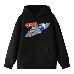 Naruto Classic Clipped Sasuke And Naruto Fight Long Sleeve Boys' Black Hooded Sweatshirt - 1 of 3