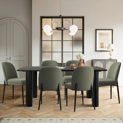 7-Piece Dining Table Set, 67'' Black Rectangle Table with 6 Armless Upholstered Linen Fabric Dining Chairs, Indoor Furniture - Maison Boucle