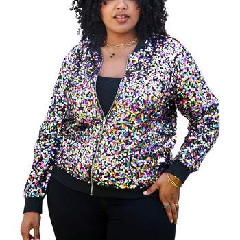 Anna-Kaci Women's Plus Size Sequin Bomber Jacket