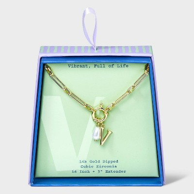 14K Gold Dipped Pearl Charm on Chain Initial Necklace - A New Day Gold