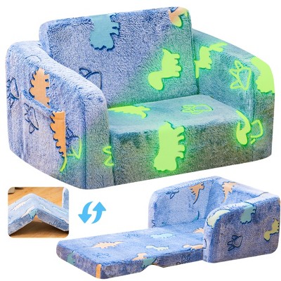 Hooseng Toddler Couch, 2-in-1 Glow-in-The-Dark Plush Kids Fold-Out Sofa, Convertible Kids Sofa to Lounger with Straight Armrests for Boys & Girls