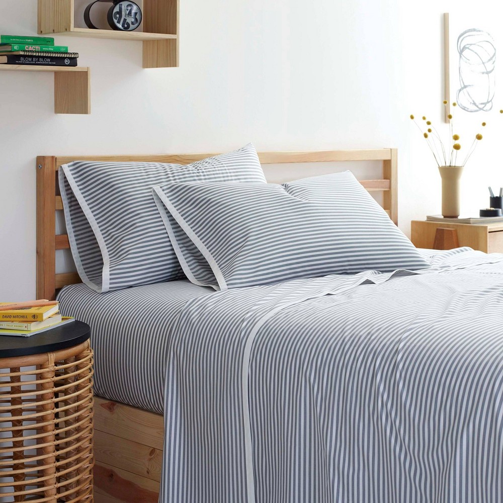 Photos - Bed Linen Martex Twin Clean AF Printed Sheet Set Gray Pinstripe  