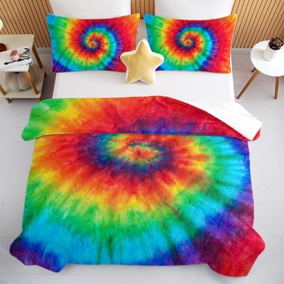 Boersma Tie Dye Comforter Set King Size – 3-Piece Rainbow Bedding for Girls, Colorful Boho Quilt Set with 1 Fluffy Comforter & 2 Pillowcases