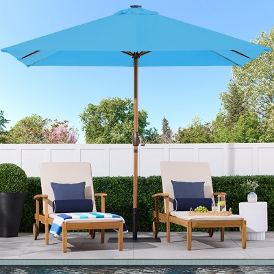 9ft Sky Blue Solar LED Lighted Patio Umbrella with Faux Wood Texture