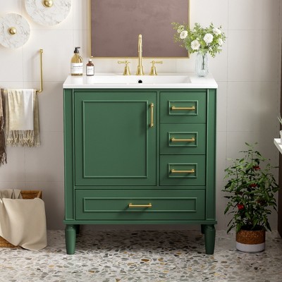 Vynxaria 30-Inch Green Traditional Bathroom Vanity - Ceramic Sink, 3 Drawers, Soft-Close Door, Gold Zinc Alloy Handles,for Small Bathrooms
