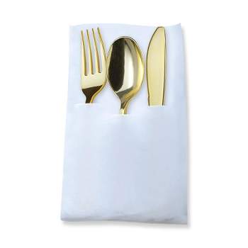 Smarty Had A Party Gold Plastic Cutlery in White Pocket Napkin Set (70 Guests)